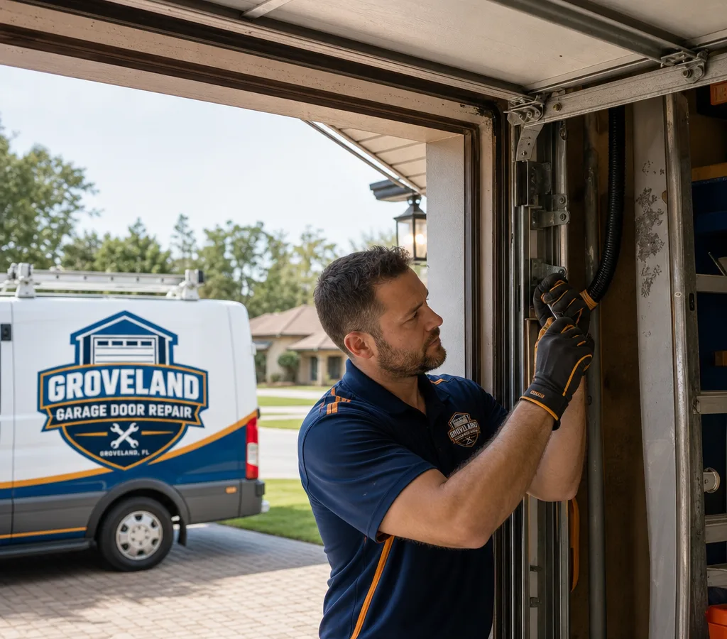 Contractor inspecting the track and rollers of a partly open residential garage door