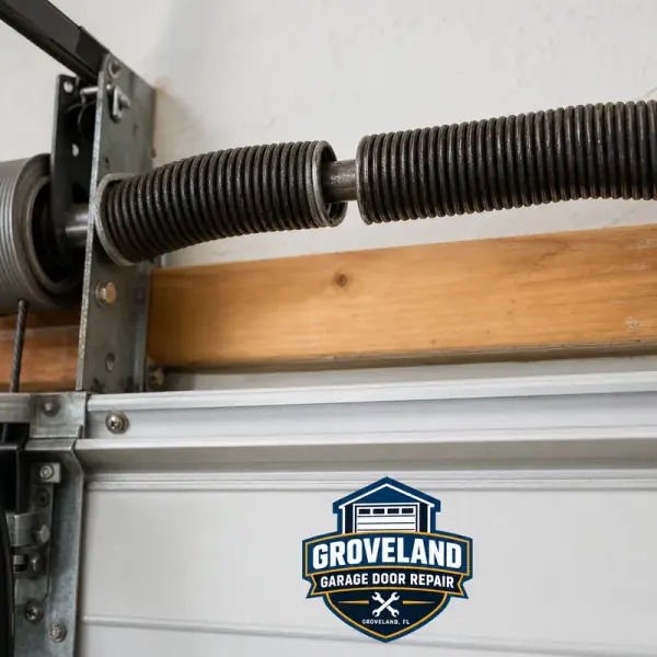 Broken torsion spring on a garage door being replaced