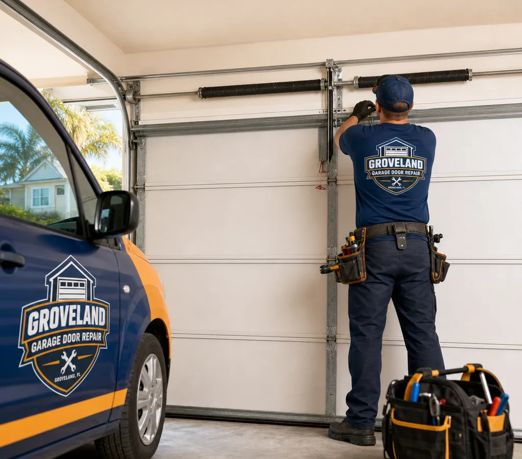 Residential garage door open while a contractor prepares to service the spring system above the door