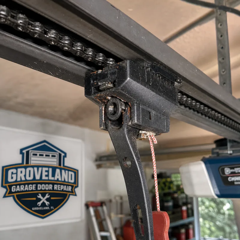 Garage door photo-eye sensor bracket and wiring showing proper alignment and a clean lens