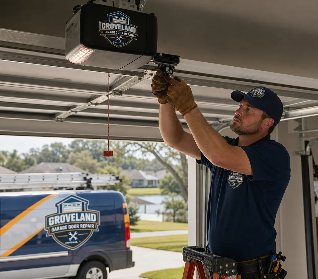 Contractor inspecting a residential ceiling-mounted garage door opener beside a safely positioned ladder
