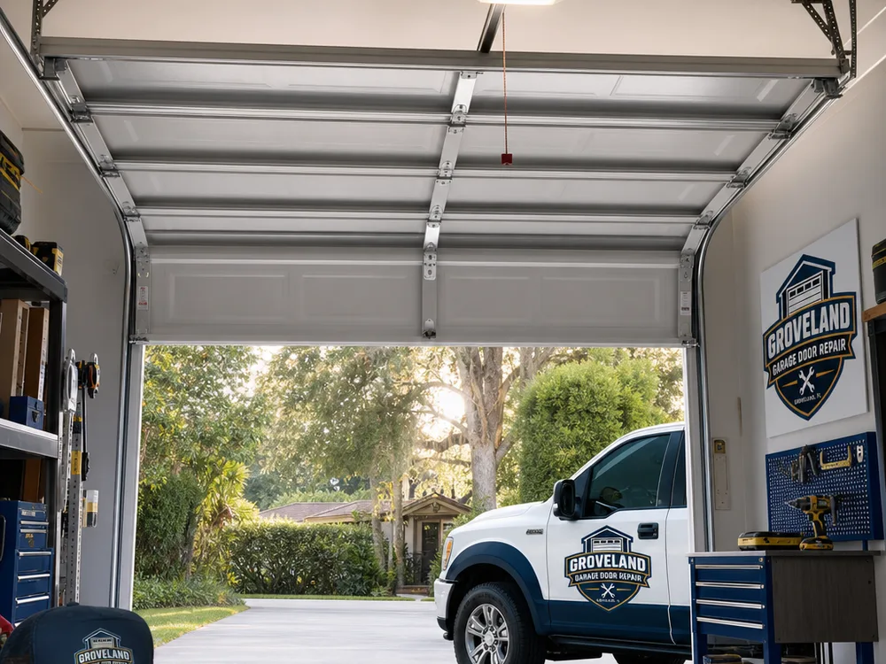 Residential garage door closed evenly with the weather seal contacting the floor and the opener visible overhead