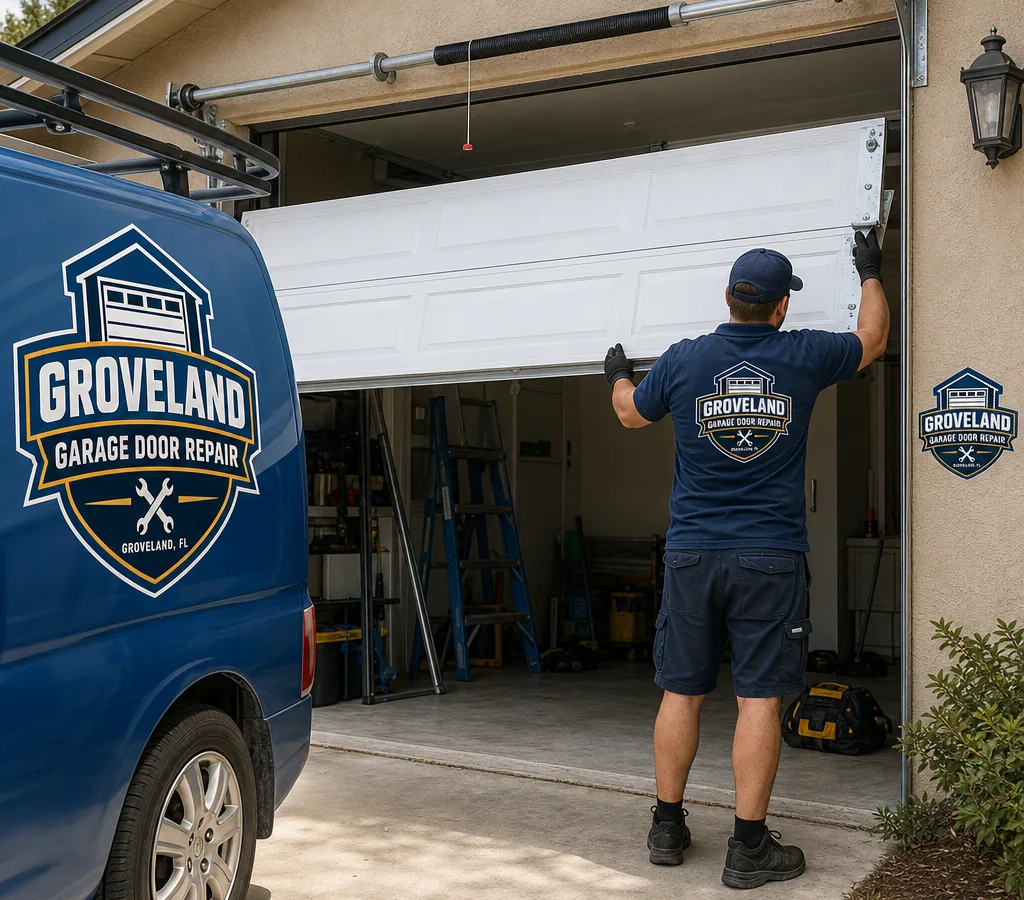 Installer aligning a new sectional garage door on a residential garage opening with tools staged nearby
