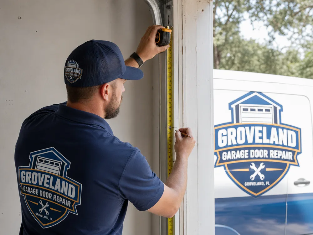 Contractor using a level while installing vertical tracks and flag brackets on a garage door opening