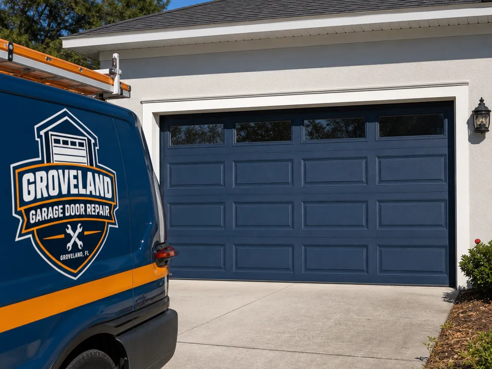 Low-headroom garage door configuration with double track and top fixtures near the header