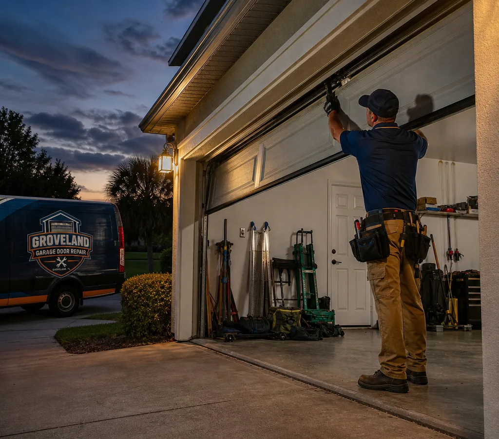 Residential garage door partially open at dusk while a contractor assesses the track