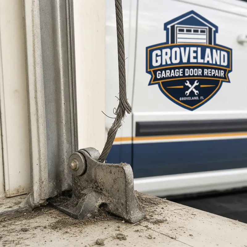 Garage door roller partially out of a bent vertical track near a track bracket