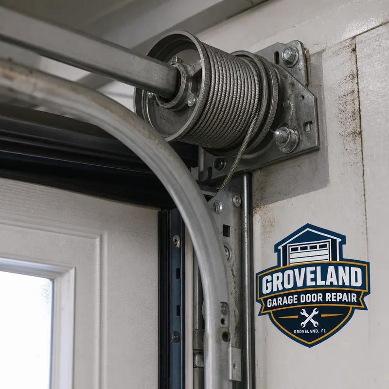 Torsion tube and cable drum above a garage door with cable wrapped unevenly on the drum