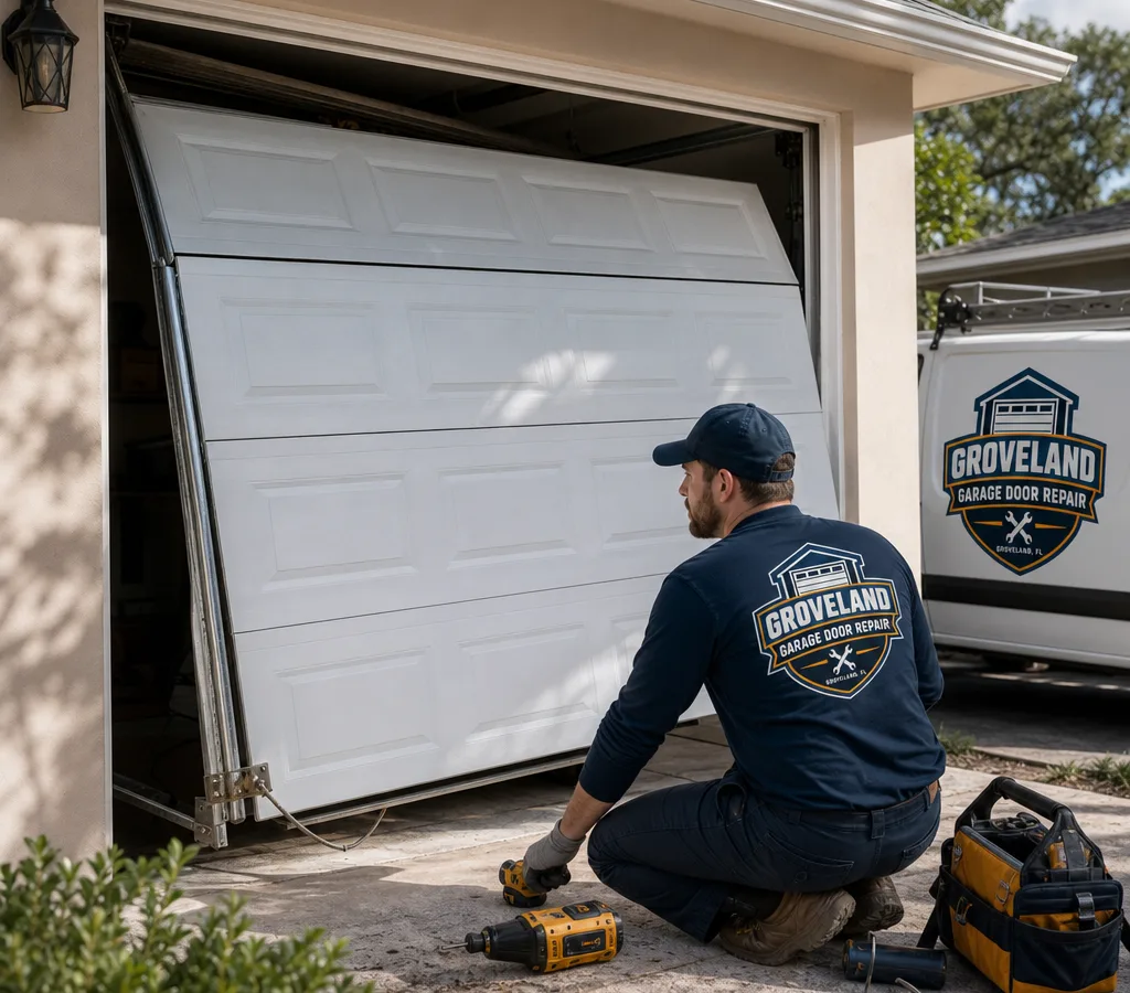 Residential sectional garage door partially out of track while a contractor assesses the displaced roller, track, and cable path