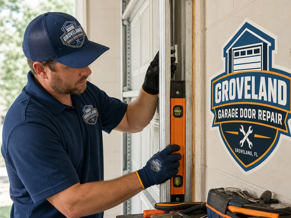 Contractor securing a garage door on its track while inspecting cable tension and roller alignment near the bottom bracket
