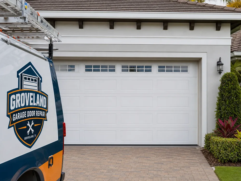 Residential garage door traveling evenly after track realignment with straight tracks and smooth roller movement