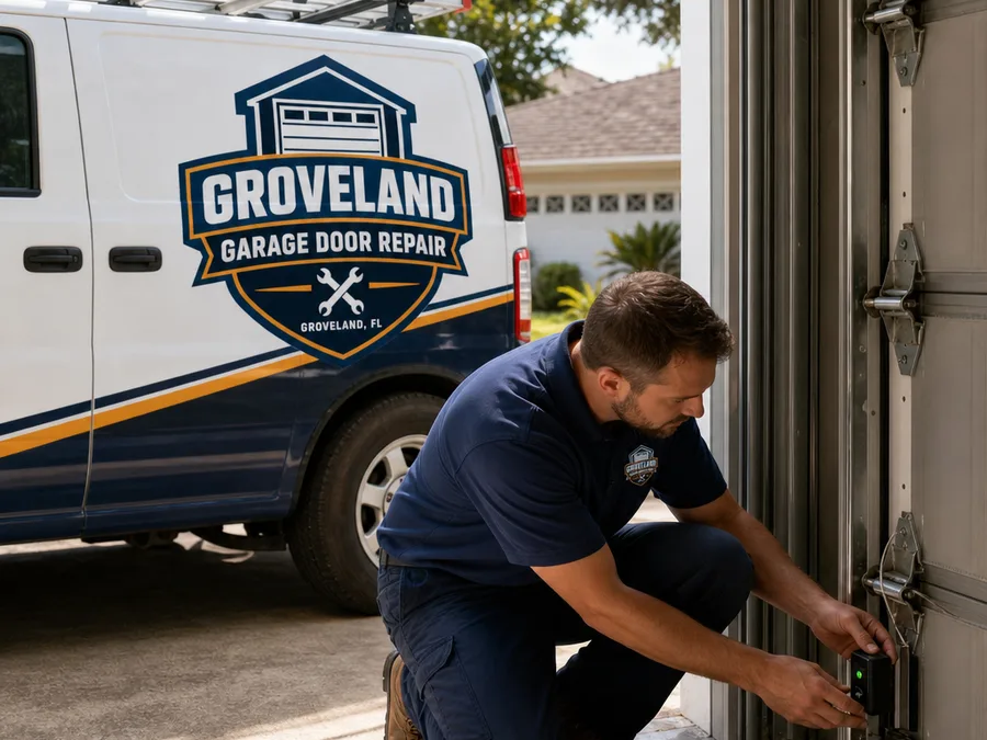 Contractor adjusting residential garage door track brackets with a wrench